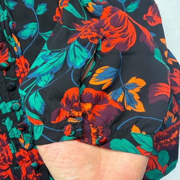 Torrid Floral Blouse Size 3 Boho Peasant Top Sheer Tie Neck Black - Picture 5 of 12